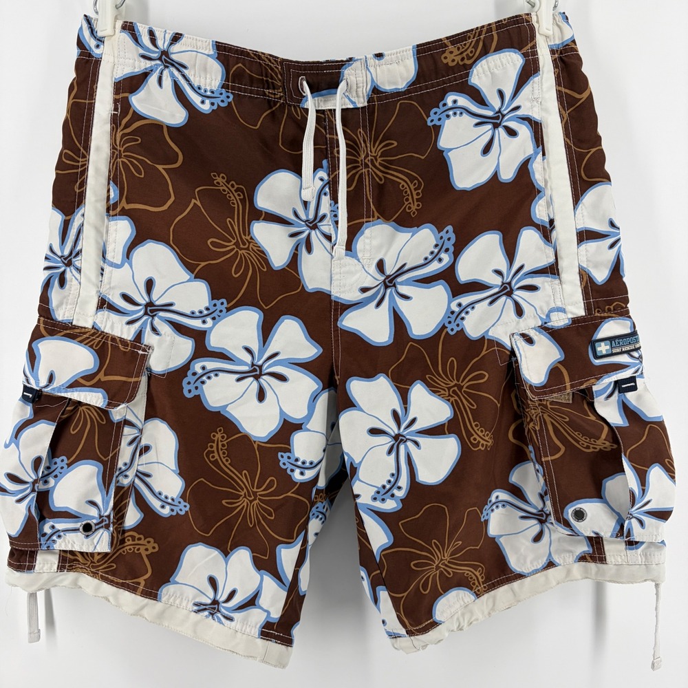 Aeropostale Swim Shorts Mens M Hibiscus Floral Cargo Board Trunks Y2K Surf